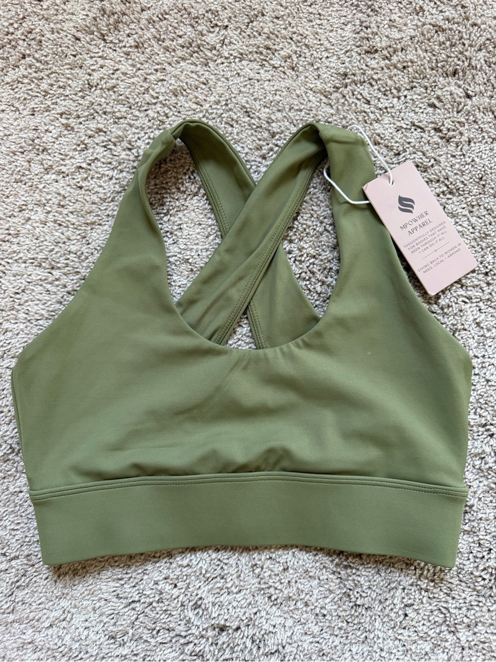 Olive Green Cross-Back Sports Bra, Size Small